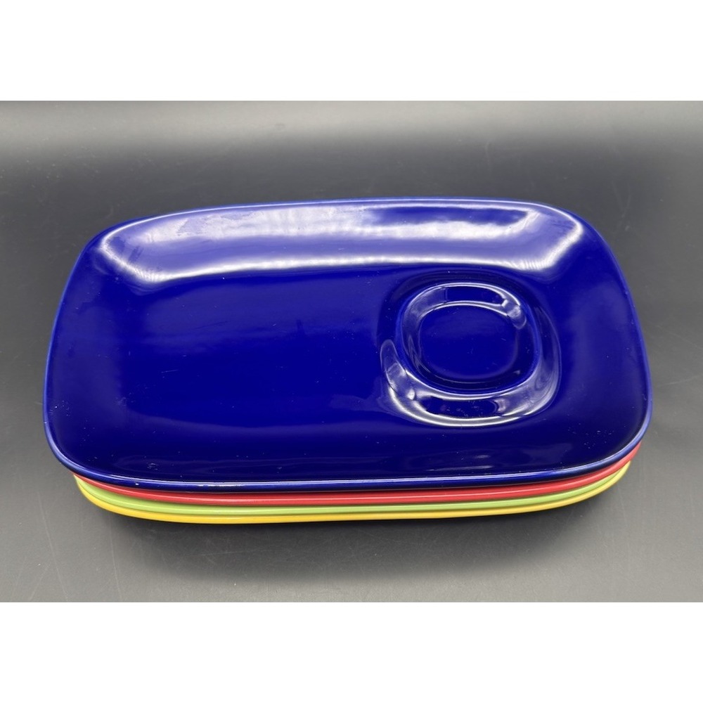 Set of 4 Gibson Snack Trays w Dip Indent Red Blue Green Yellow Appetizer Plates